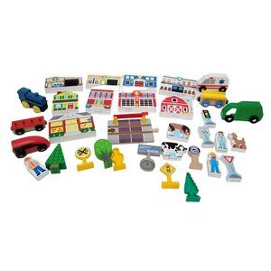 Wood and Plastic Toy Town Play Set Buildings Vehicles Trees Signs - 33 Pieces